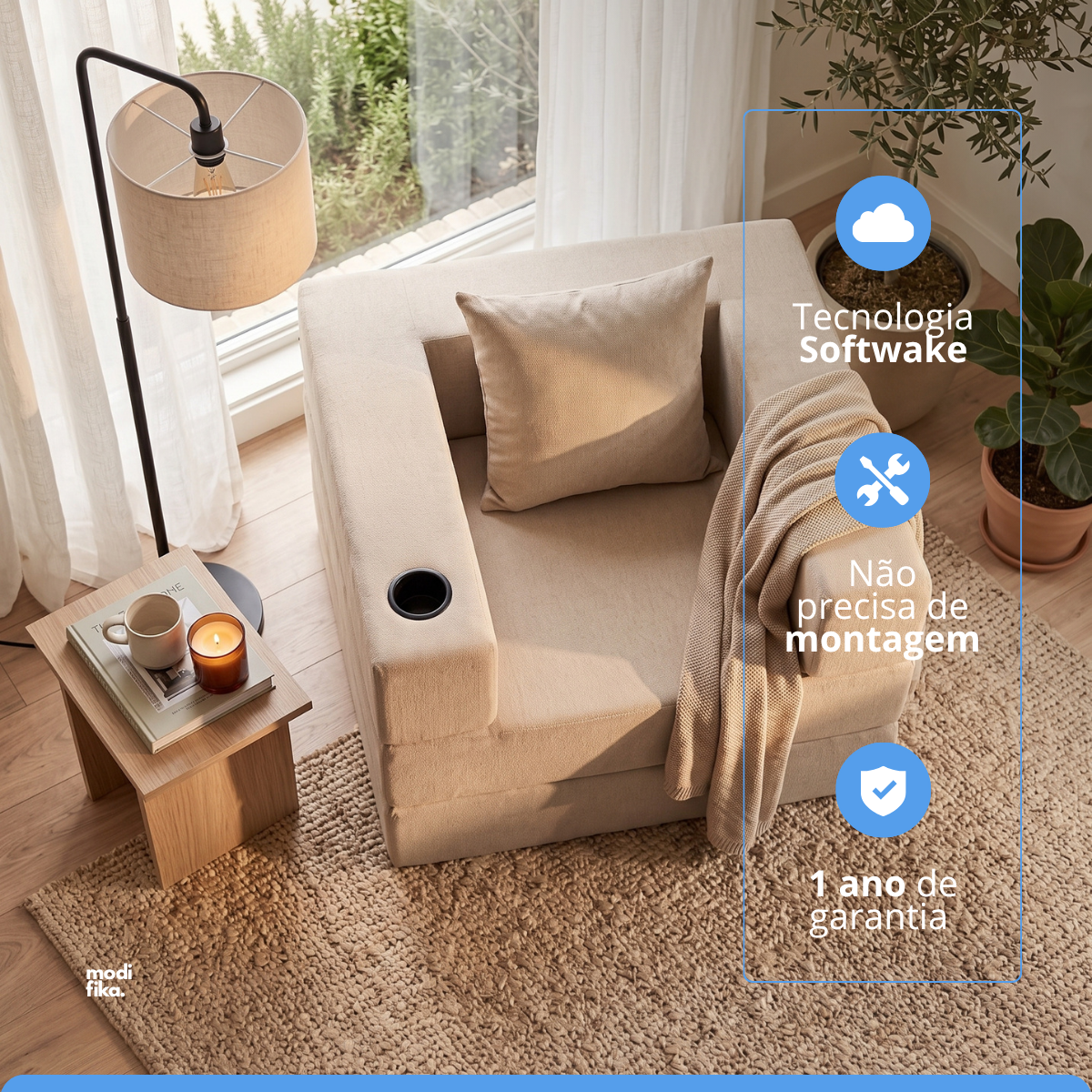 Poltrona Comfy Multifuncional com Porta-Copos Tecido Bouclé