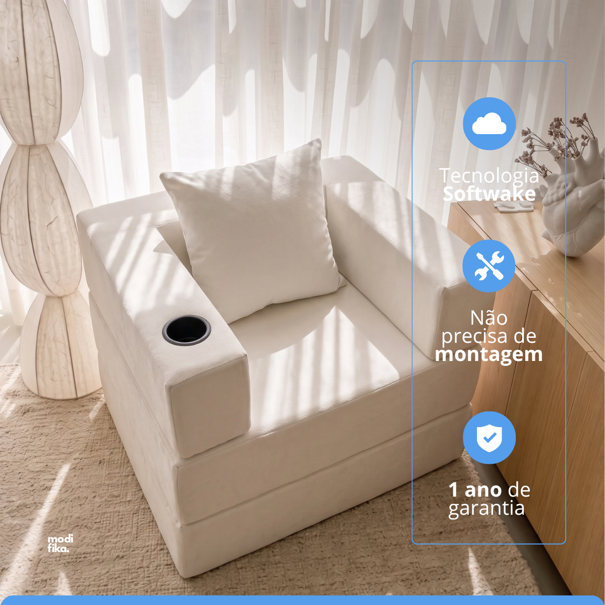 Poltrona Comfy Multifuncional com Porta-Copos Tecido Bouclé
